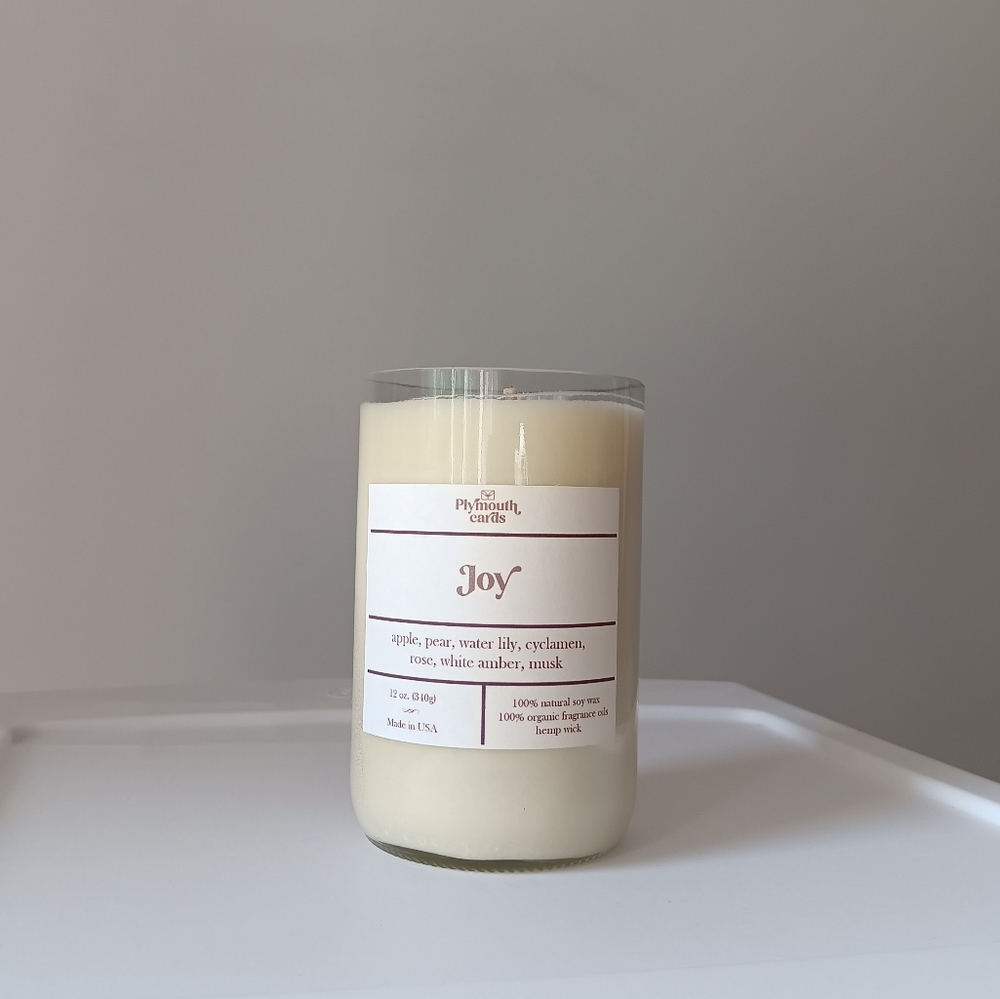 New Lit Up Candle Joy Soy Wax Apple Pear Musk Rose 12 Oz Organic Upcycled
